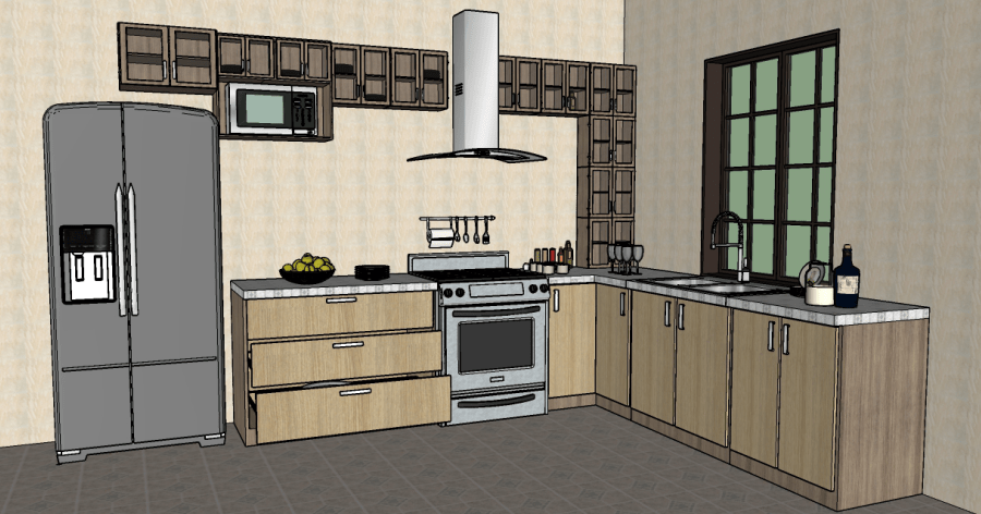 Modelo 3D gratis de una cocina completa con muebles de madera Sketchup AutoCAD