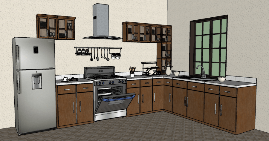 Modelo 3D gratis de una cocina completa con muebles de madera Sketchup AutoCAD