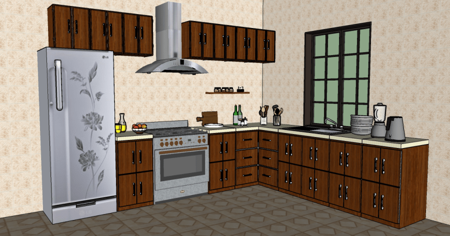 Modelo 3D gratis de una cocina completa con muebles de madera Sketchup AutoCAD