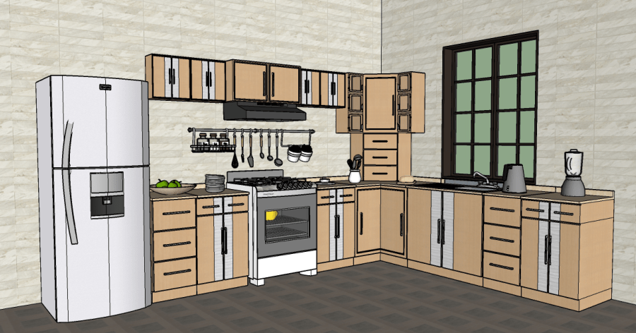 Modelo 3D gratis de una cocina completa con muebles de madera Sketchup AutoCAD