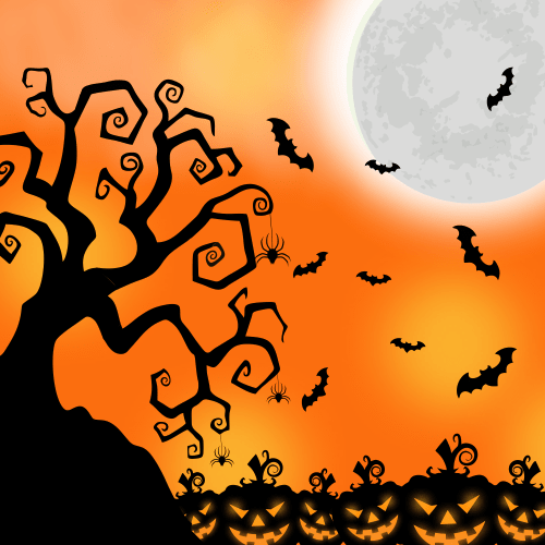 Vector gratis halloween con un arbol, calabazas, murcielagos y una luna