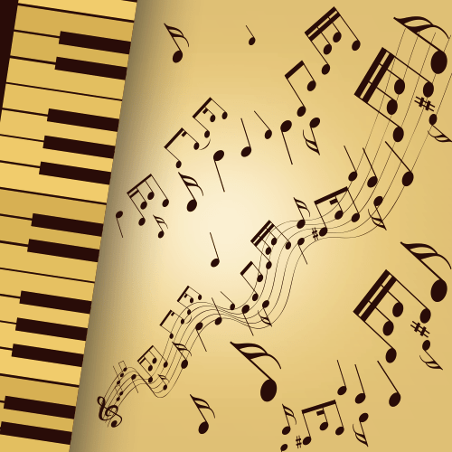 Vector gratis de unas teclas de piano junto a siluetas de notas musicales