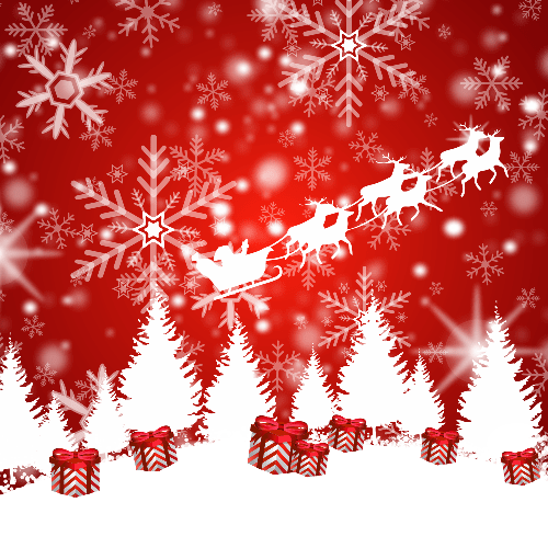 Vector gratis de navidad de un fondo rojo con regalos silueta de trineo y santa claus